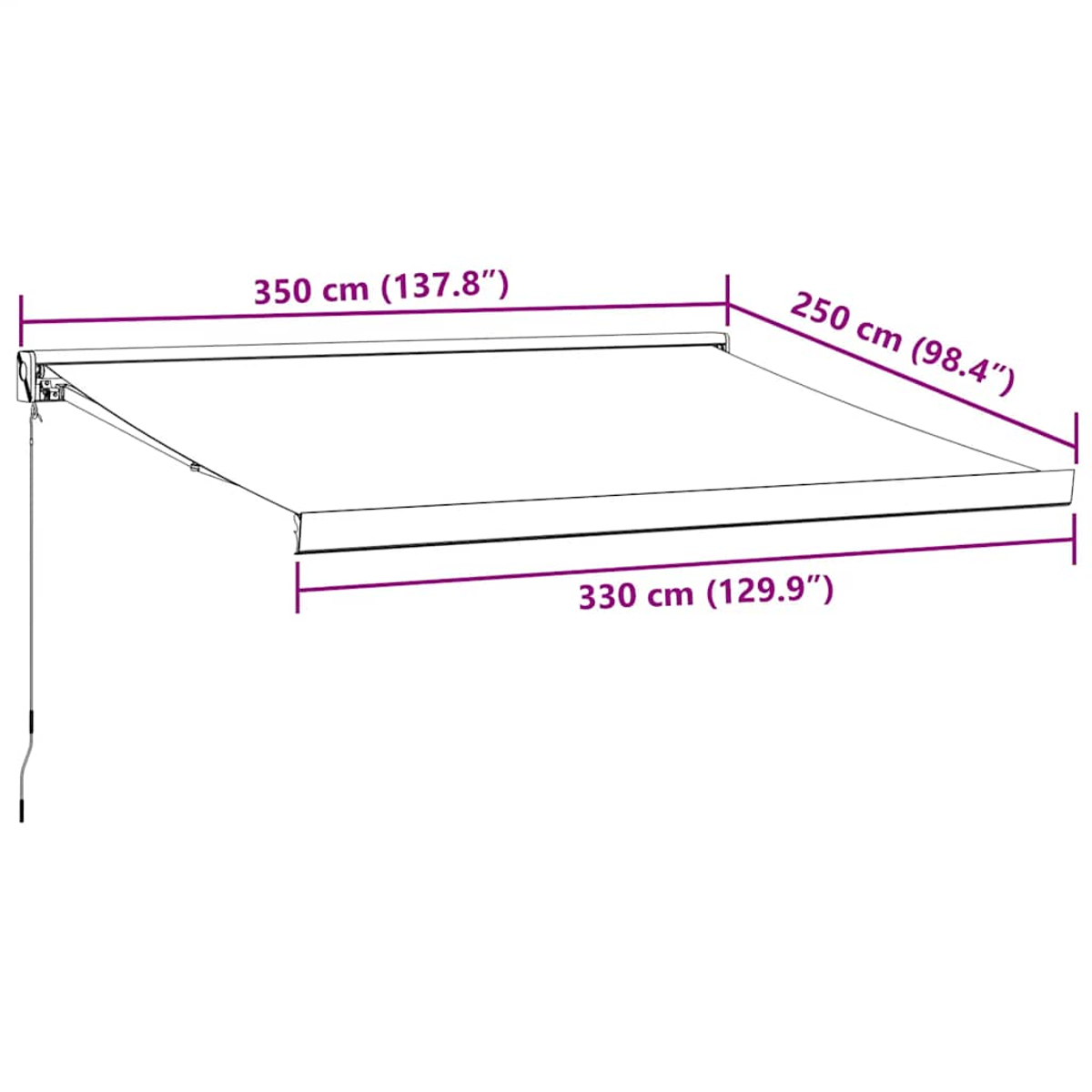 Tendalino con dimensioni 350x250 cm, sporgenza 330 cm.