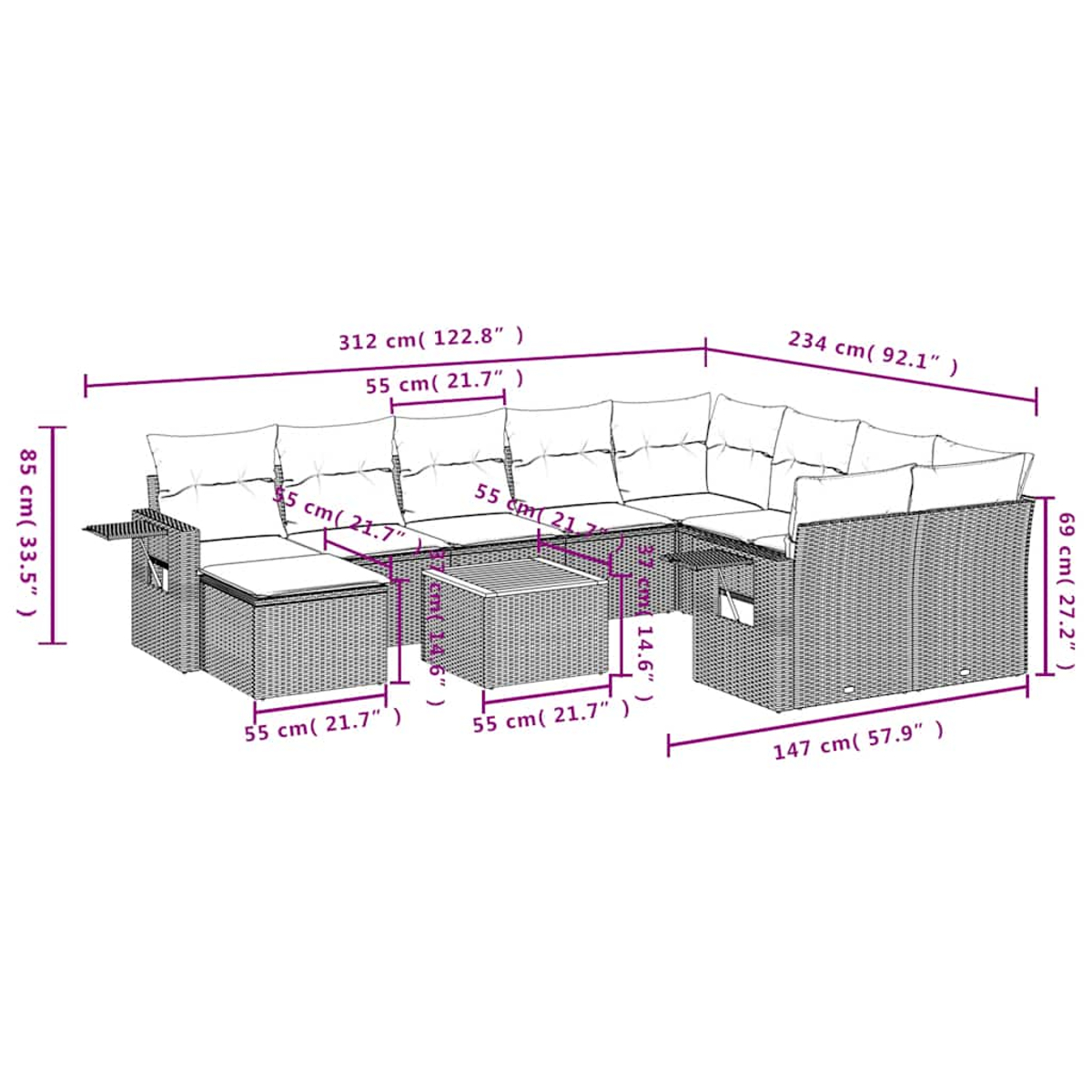 Ein modululares Rattan-Sofa mit Kissen und einem Couchtisch, mit Maßen.