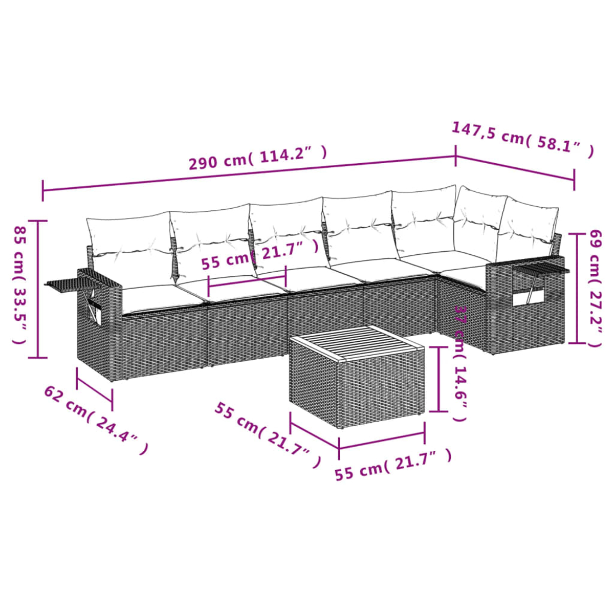 Geflochtenes Lounge-Set mit Kissen und Couchtisch, Maße angegeben.