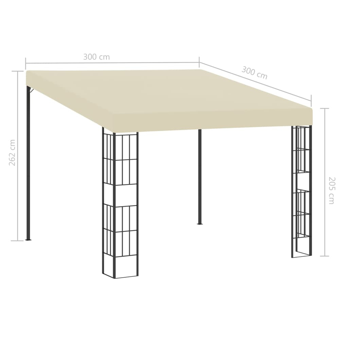 Ein cremefarbener Pavillon mit Metallstruktur. Maße: 300x300x262cm.