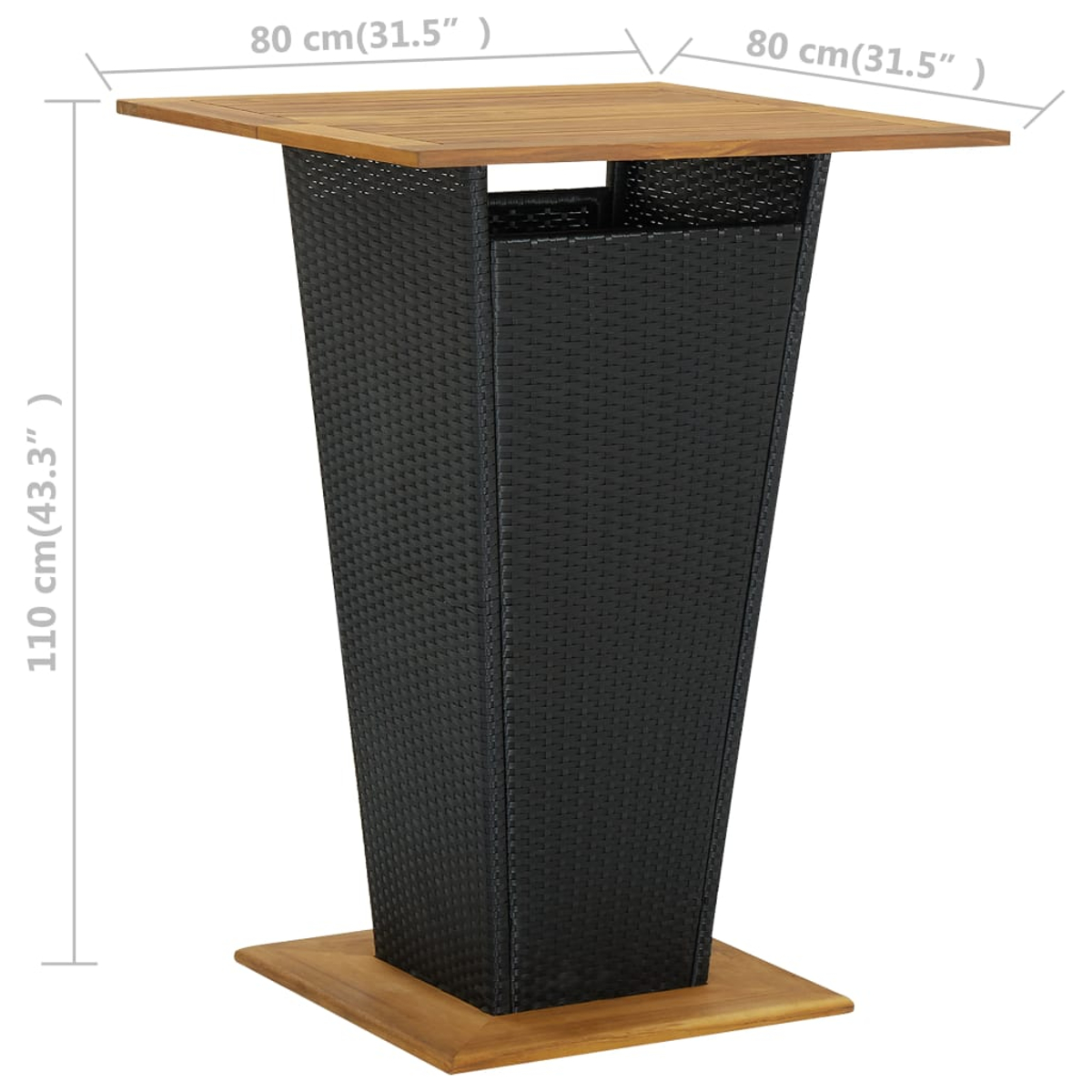 Ein rechteckiger Bartisch mit Holzplatte und schwarzem Rattan-Sockel auf Holzsockel.
