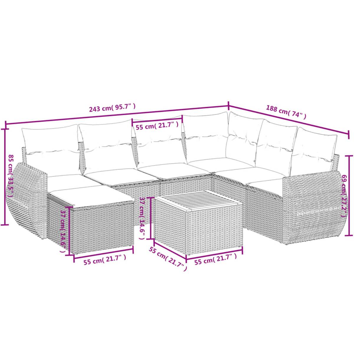 Ein modulares Lounge-Set aus Rattan mit Kissen und einem Tisch, Maße sind angegeben.