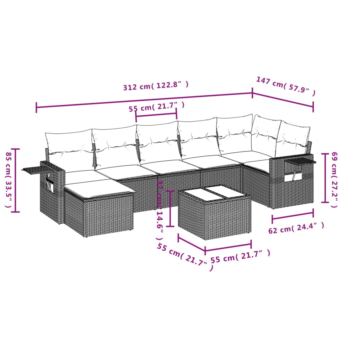 Diagramm eines modularen Sofas für den Außenbereich mit Abmessungen. Weiße Kissen auf grauer Weide.