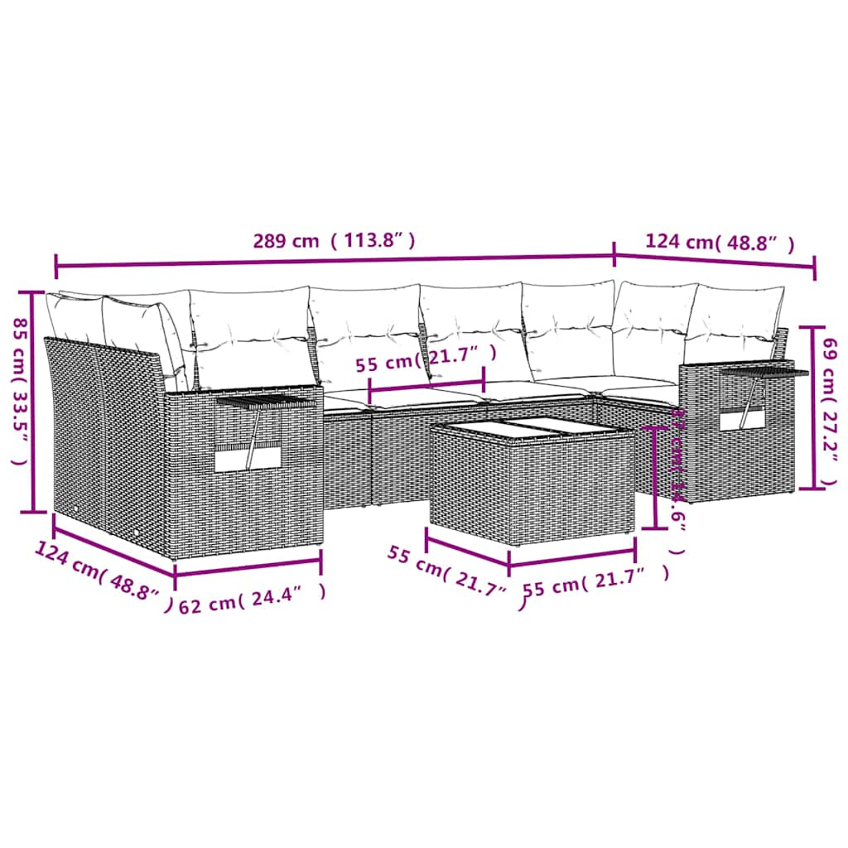 Geflochtenes Lounge-Set mit Maßen, Kissen und Kaffeetisch.
