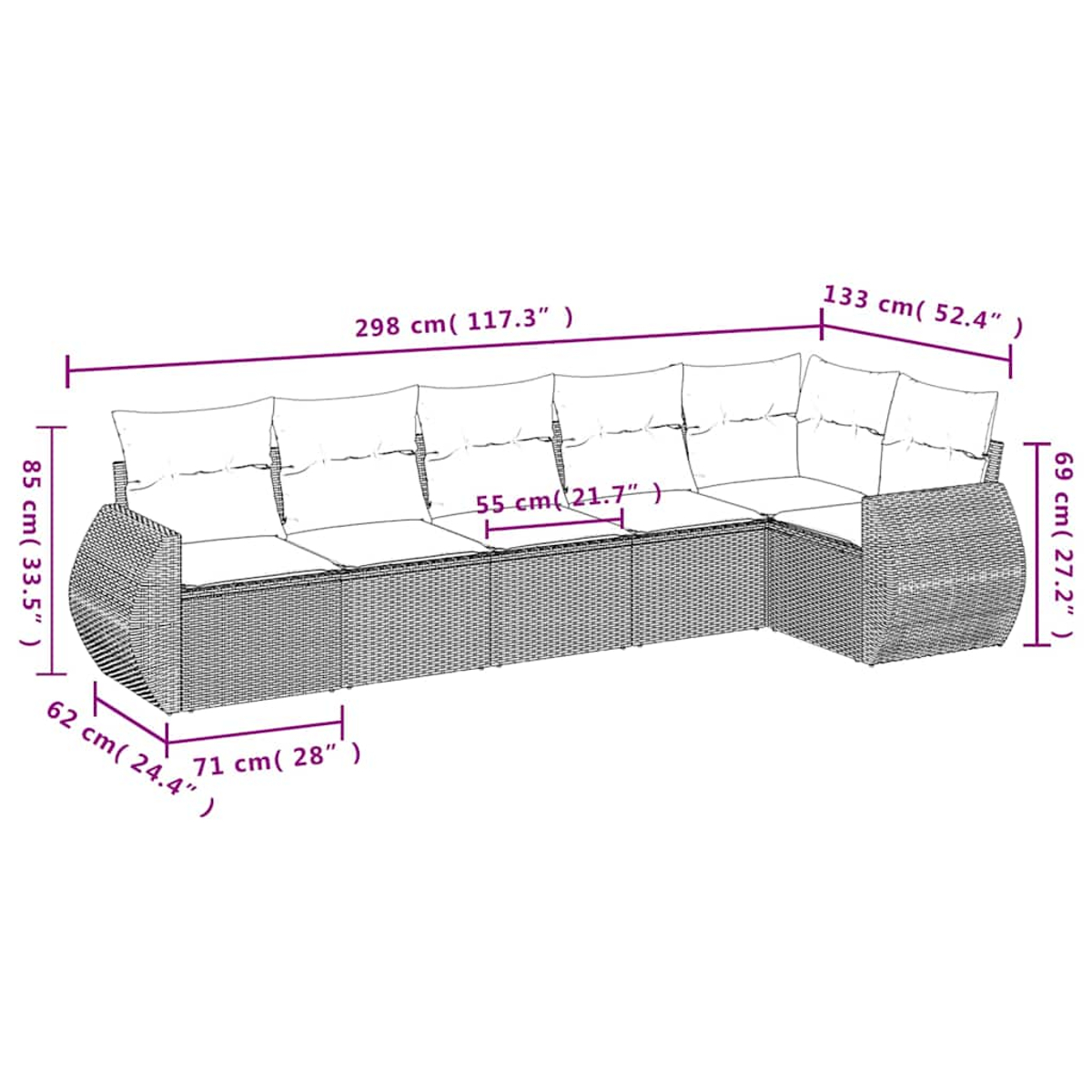 Ein graues Geflecht-Ecksofa mit weißen Kissen, Maße sind angegeben.