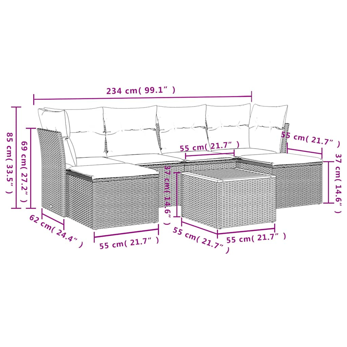 Ein modululares Gartensofa mit Kissen und einem Tisch, Maße sind angegeben.