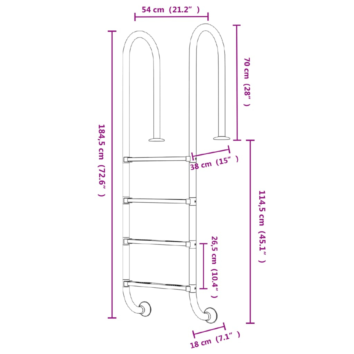 Diagramm einer silbernen Leiter mit Maßen in cm und Zoll.