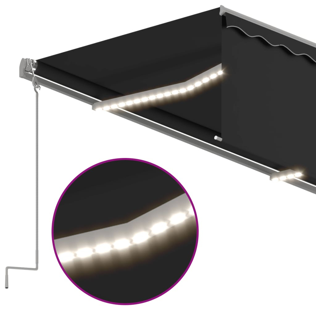 Schwarzes Markise mit LED-Streifen und Kurbel, Nahaufnahme der Lichter.