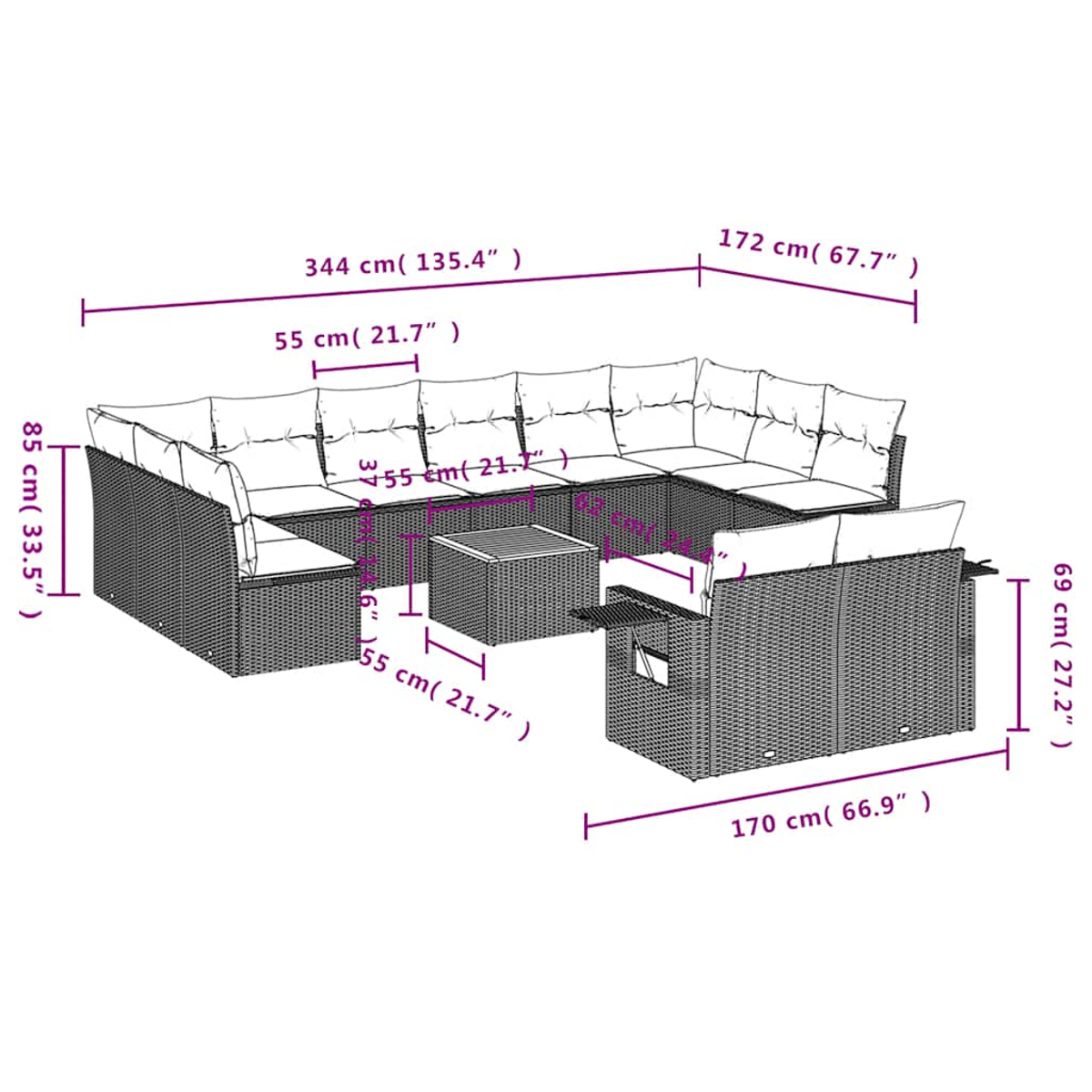 Diagramm eines modularen Sofas für den Außenbereich mit Maßen. Das Sofa ist dunkelbraun aus Rattan mit hellen Kissen.
