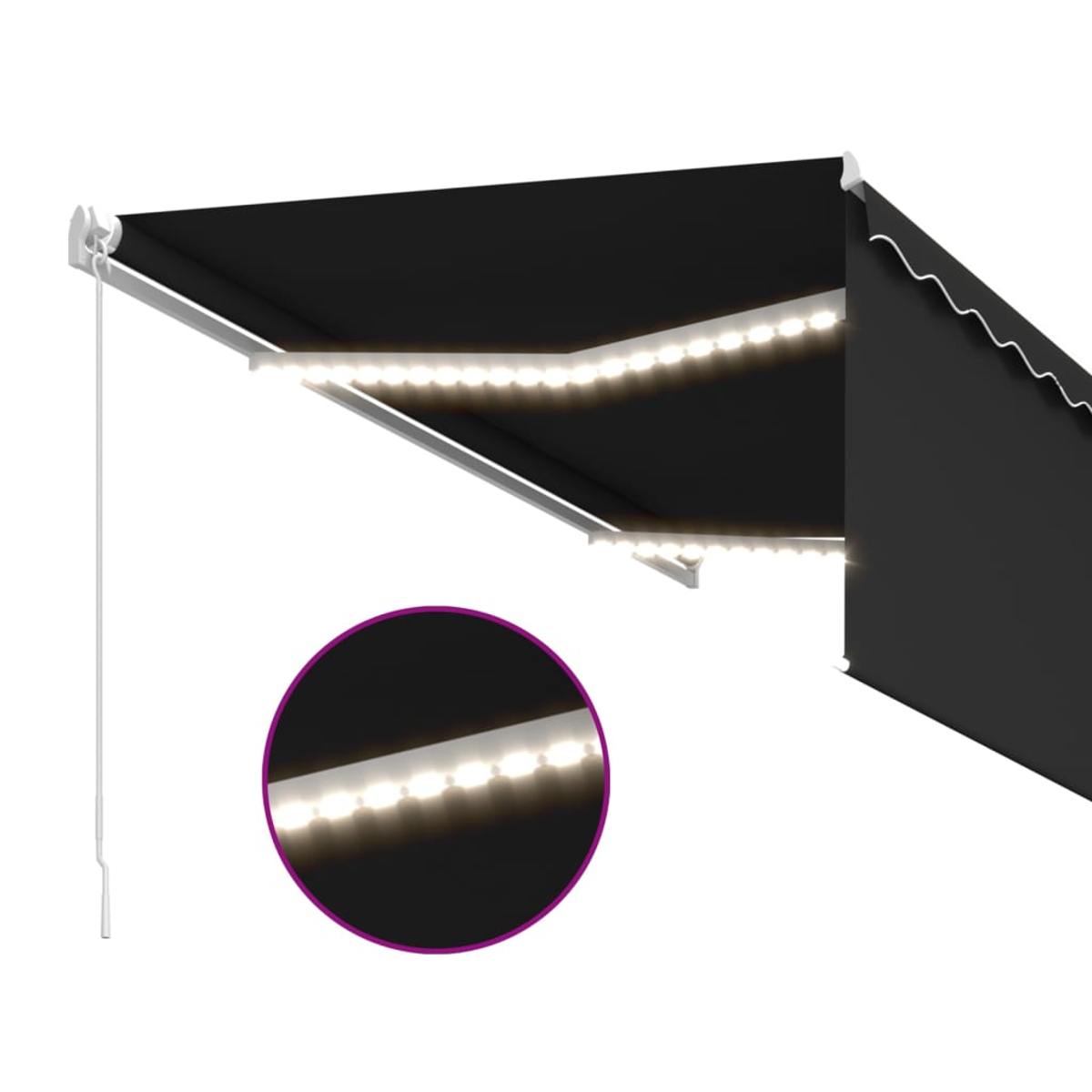 Schwarzes Sonnensegel mit LED-Streifen und Auszugskurbel, Nahaufnahme.