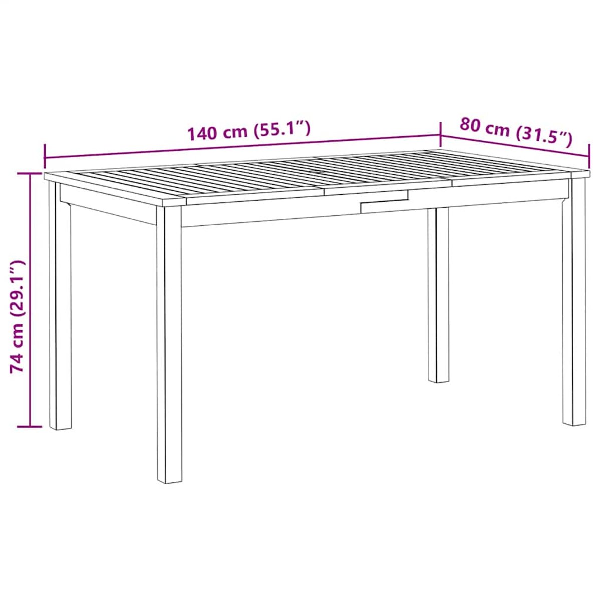 Zeichnung eines rechteckigen Tisches mit Maßen: 140 cm L, 80 cm B, 74 cm H.