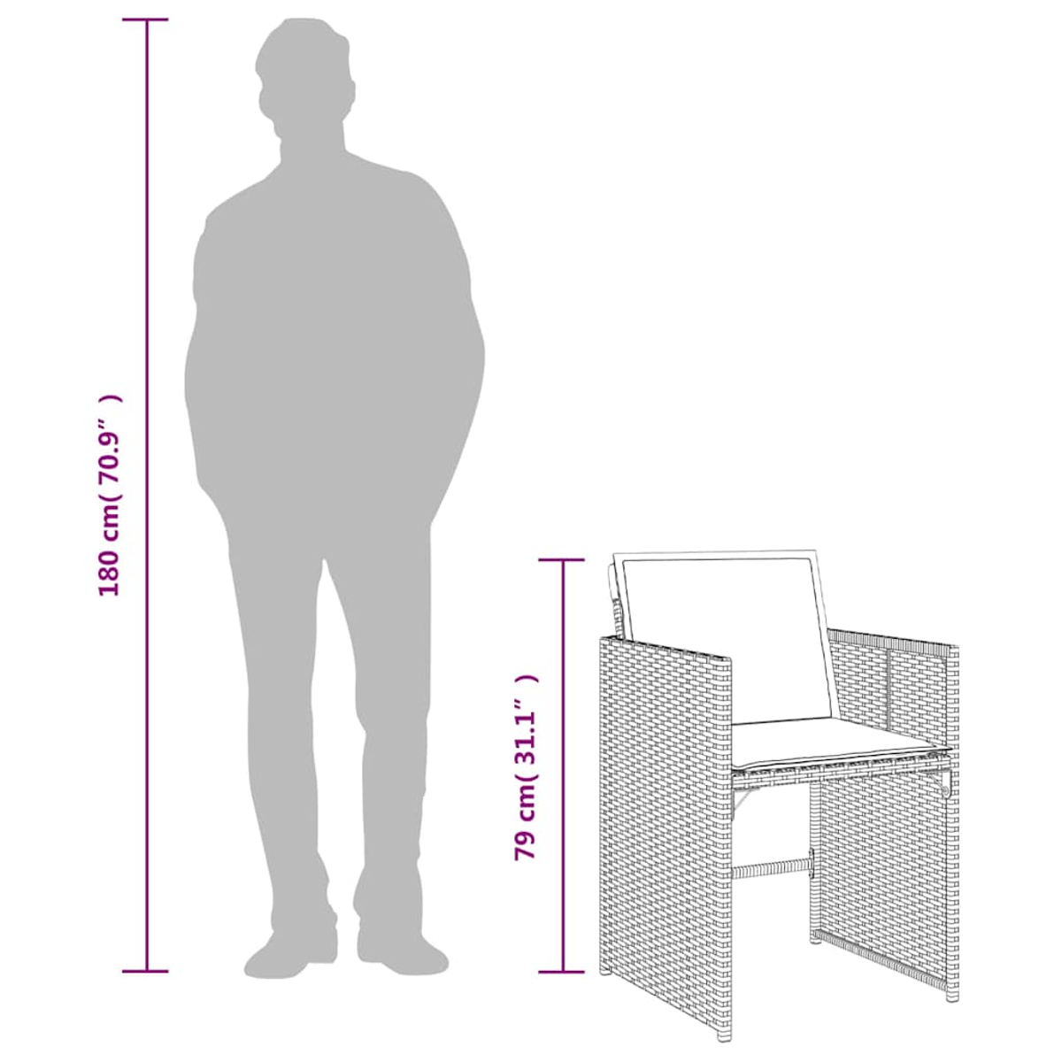 Silhouettenperson neben einem Rattanstuhl mit Kissen. Maße angezeigt.