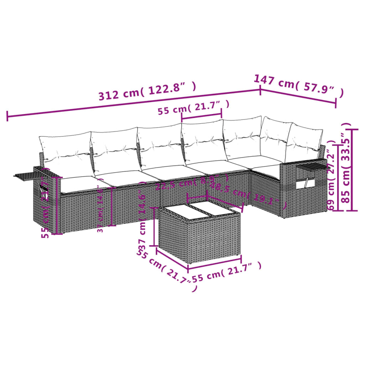 Ein modululares Outdoor-Sofa mit Kissen und einem Tisch, Maße sind angegeben.