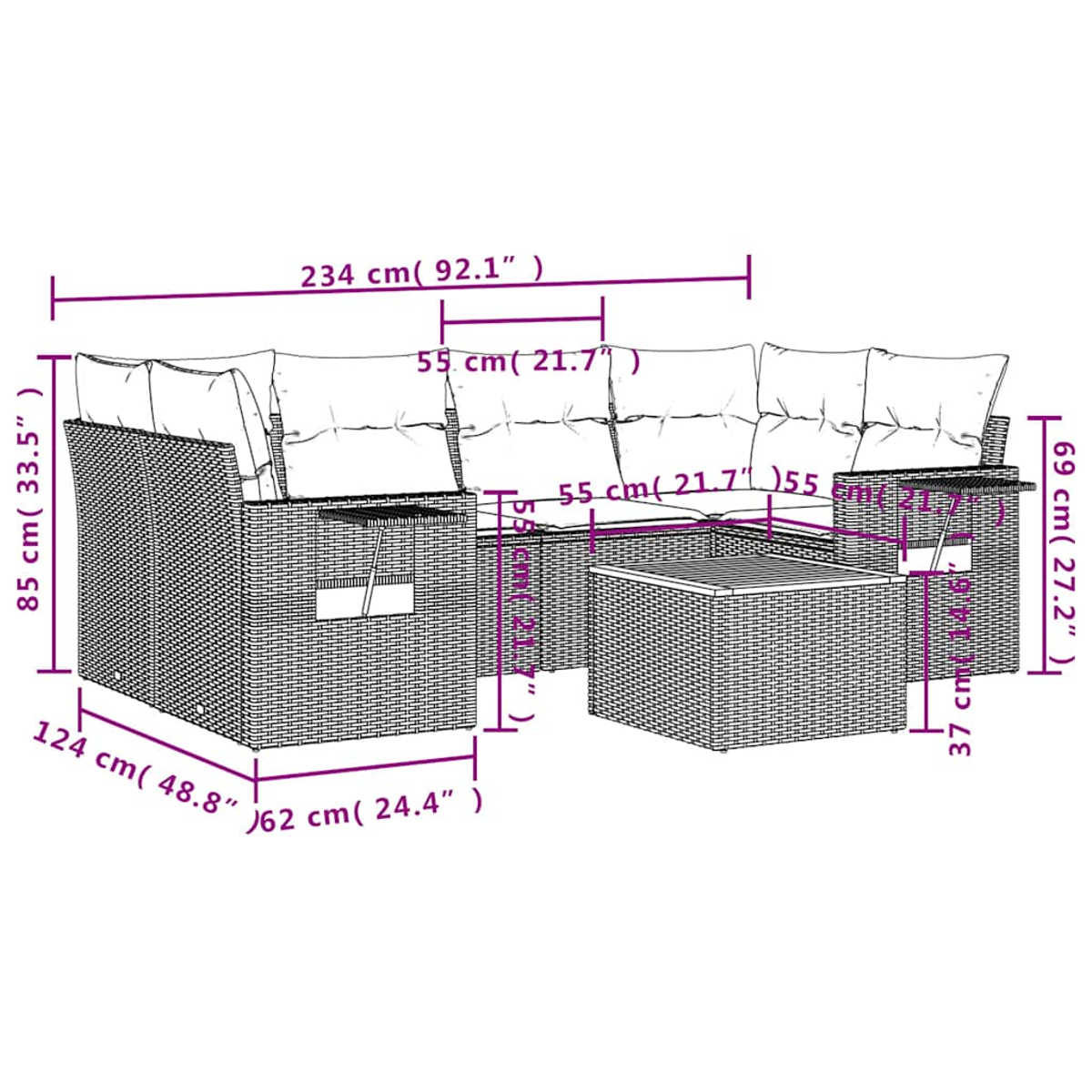Diagramm eines modularen Sofas für den Außenbereich mit Maßen. Das Sofa ist dunkelbraunes Rattan mit hellen Kissen.