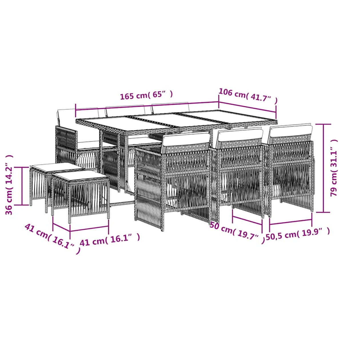 Set di mobili da esterno in vimini con tavolo, sedie e sgabelli, con dimensioni.