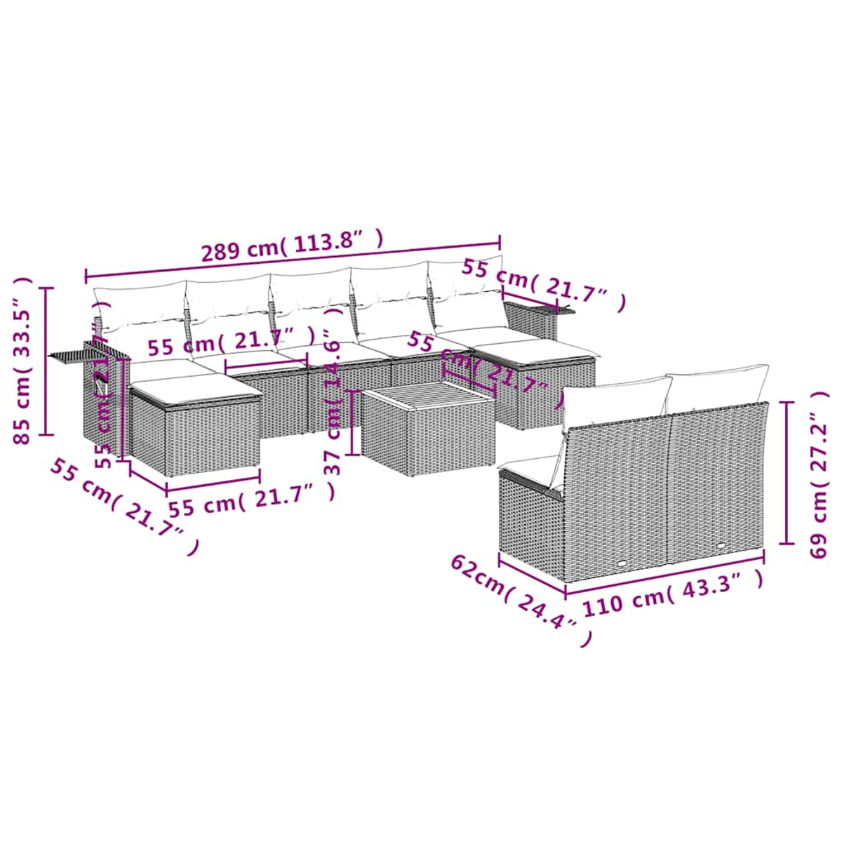 Geflochtenes Lounge-Set mit Maßen: 289x85x55cm, 110x69x62cm, Couchtisch.