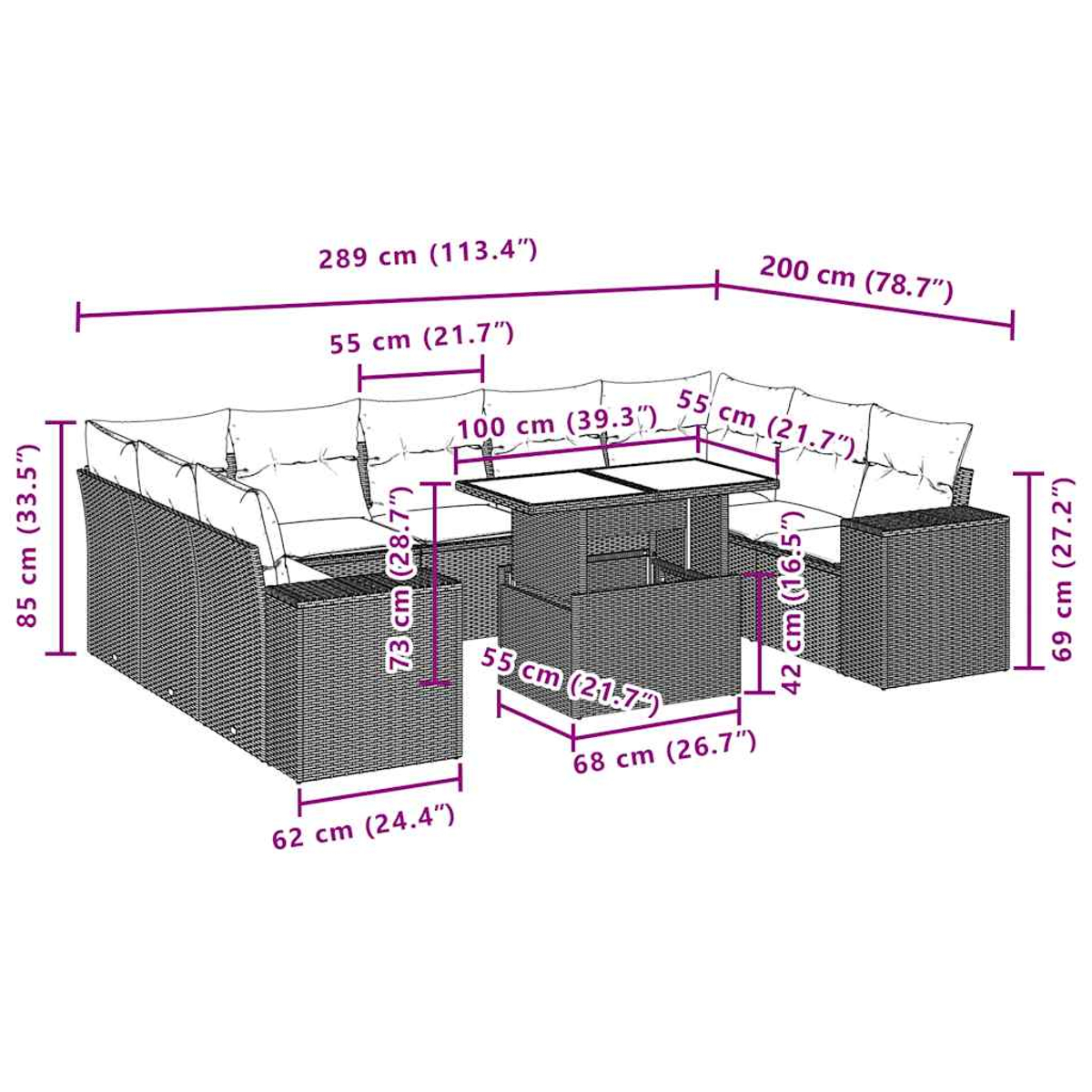 Ein modulartiges, dunkelgraues Lounge-Set mit weißen Kissen und Tisch.