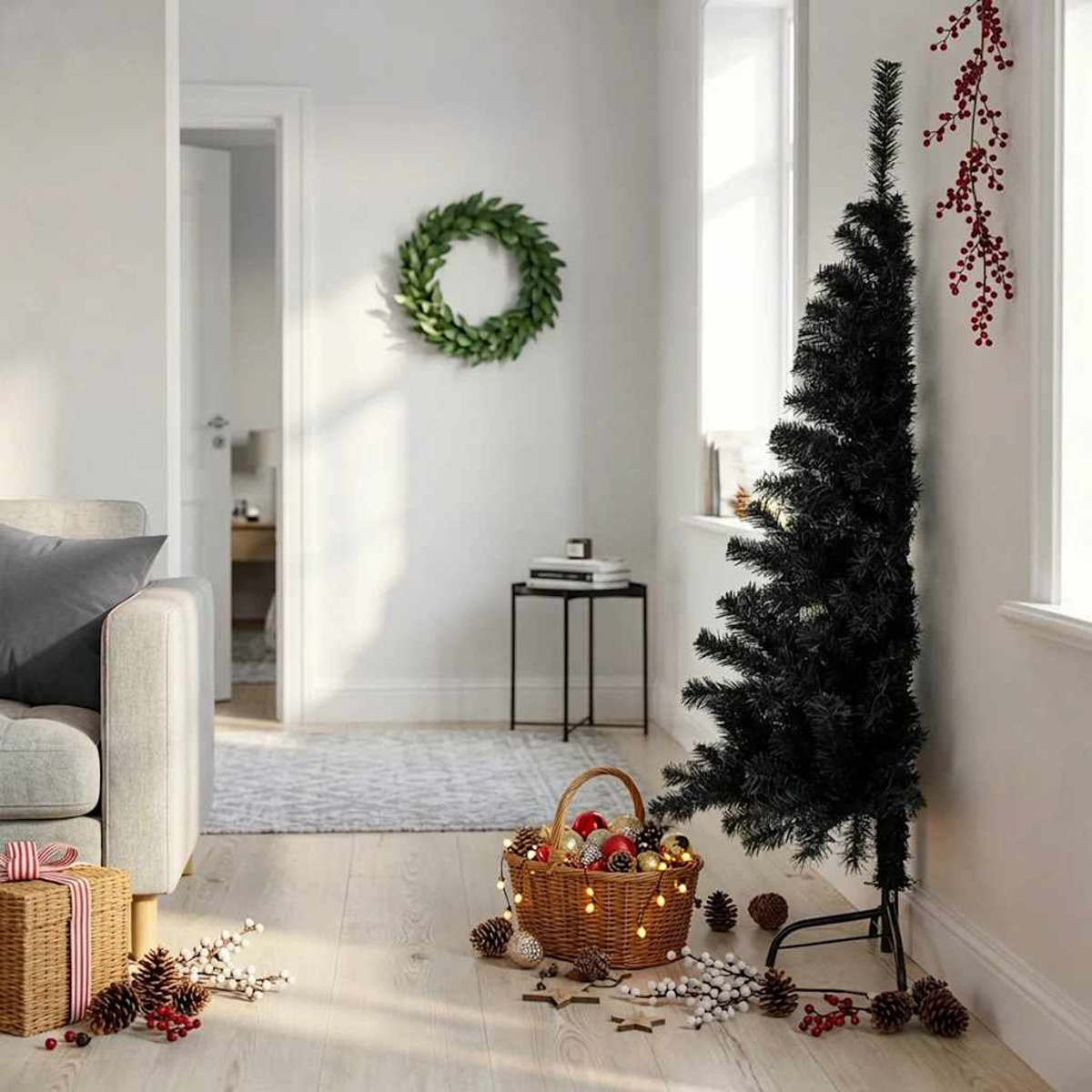 Ein schwarzer Weihnachtsbaum steht neben einem Korb mit Lichtern und Ornamenten.
