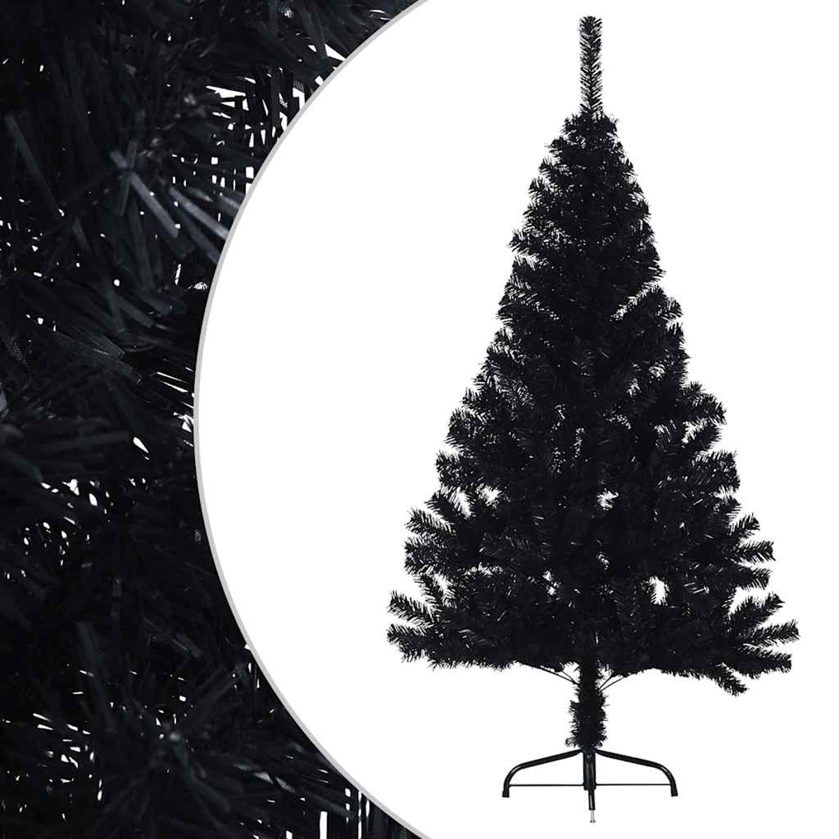 Ein schwarzer Weihnachtsbaum mit einem Metallständer steht auf weißem Hintergrund.