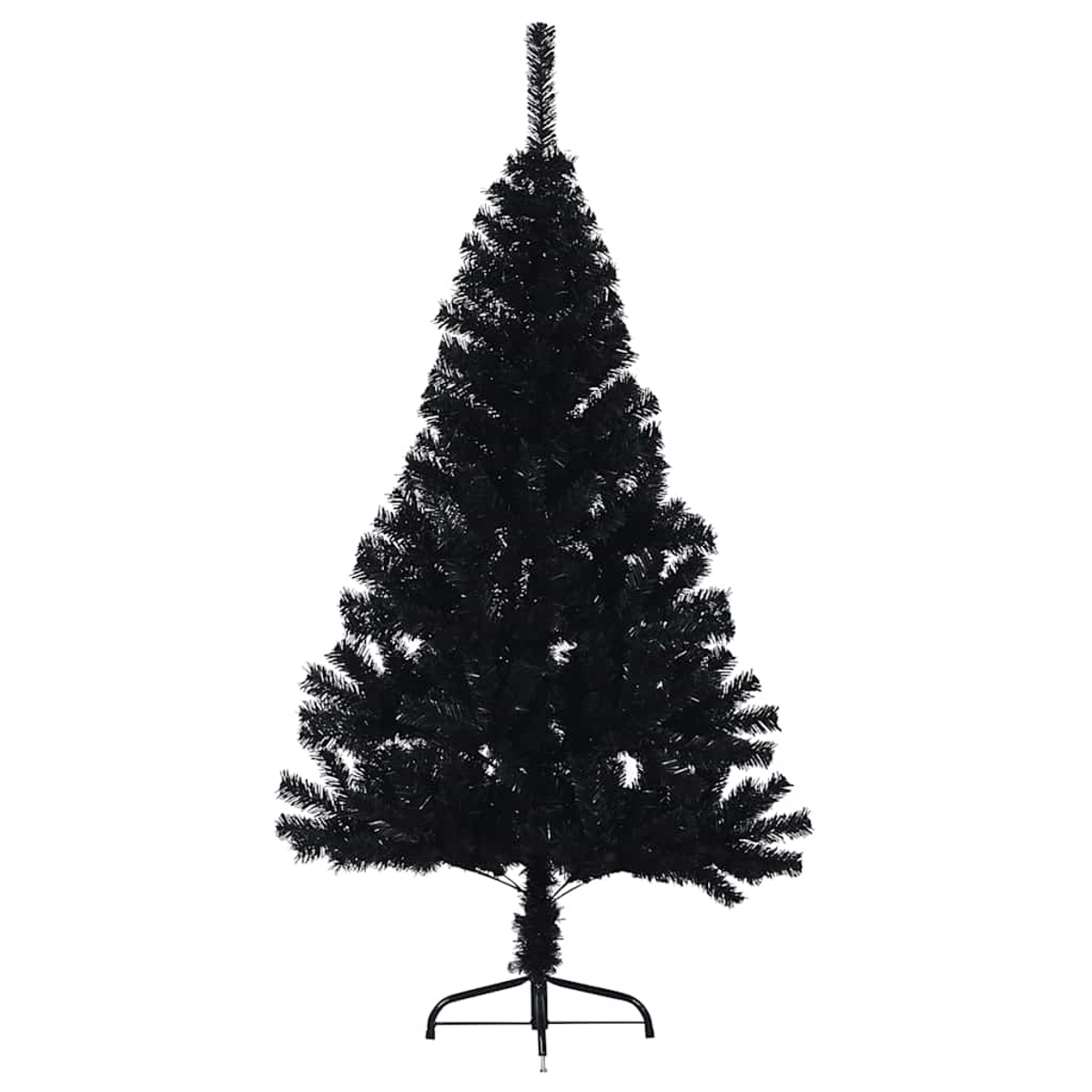 Ein schwarzer Weihnachtsbaum steht auf einem Metallständer vor weißem Hintergrund.