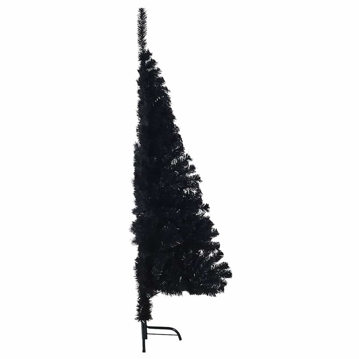 Ein spitzer schwarzer Weihnachtsbaum mit Metallständer.