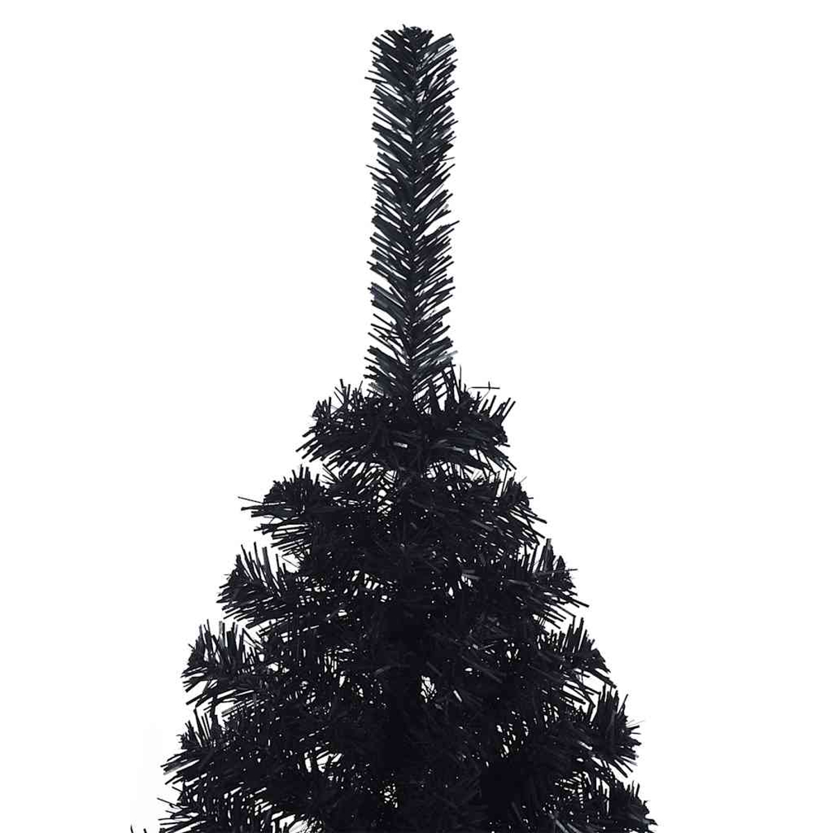 Nahaufnahme der Spitze eines schwarzen künstlichen Weihnachtsbaums mit weißen Hintergrund.