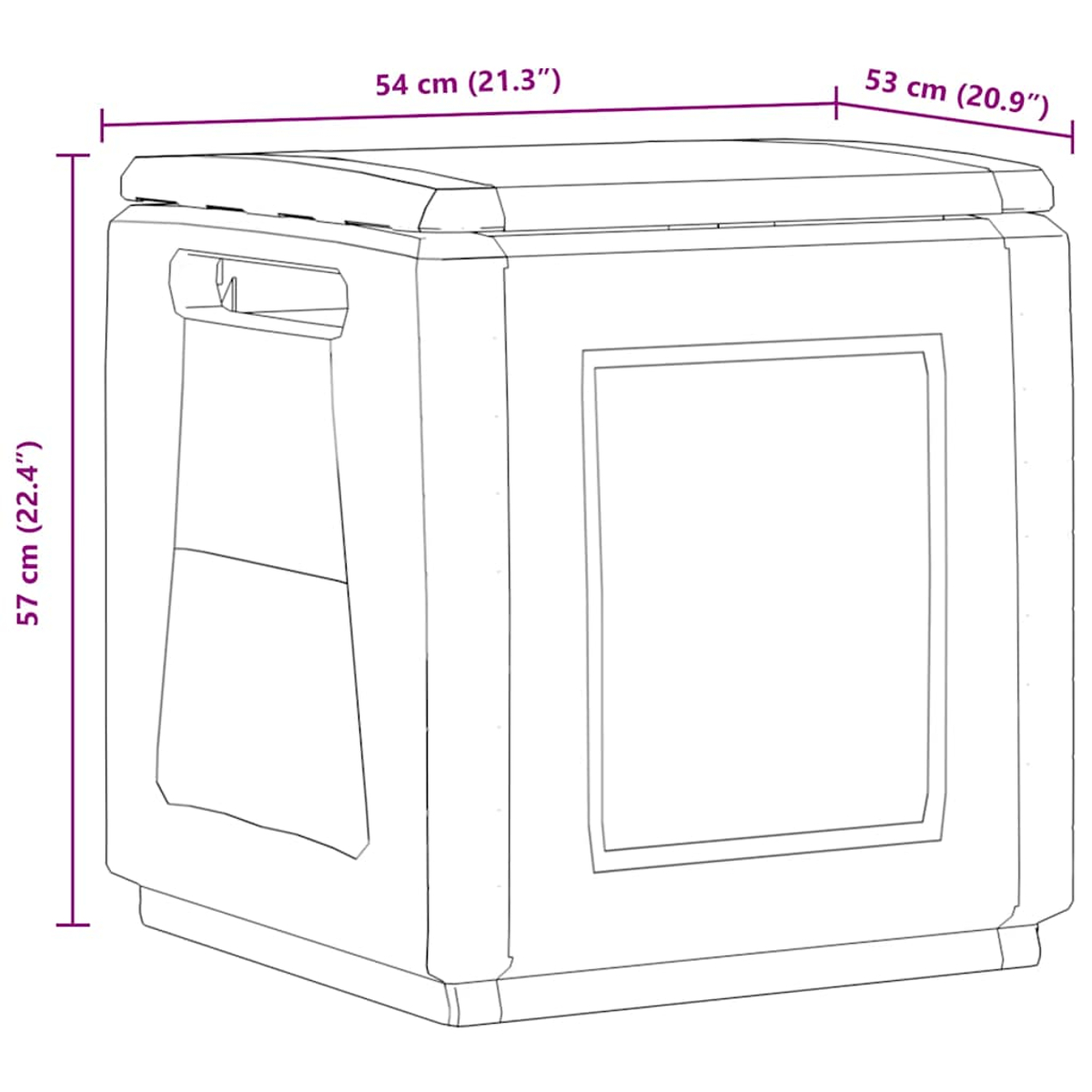 Eine weiße Kühlbox mit den Maßen 57 cm H, 54 cm B und 53 cm T.