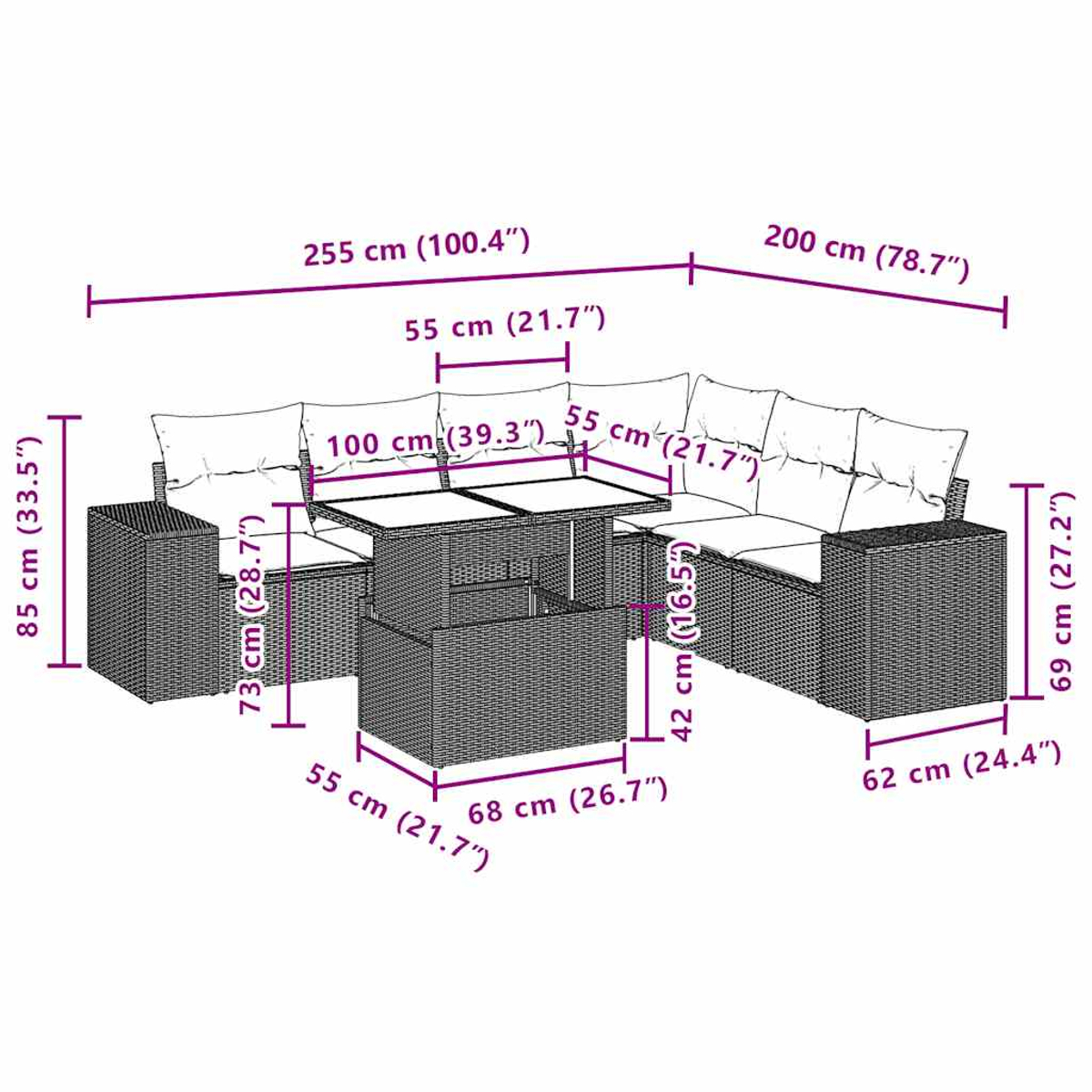 Geflochtenes Lounge-Set mit Tisch und Kissen. Maße angegeben.