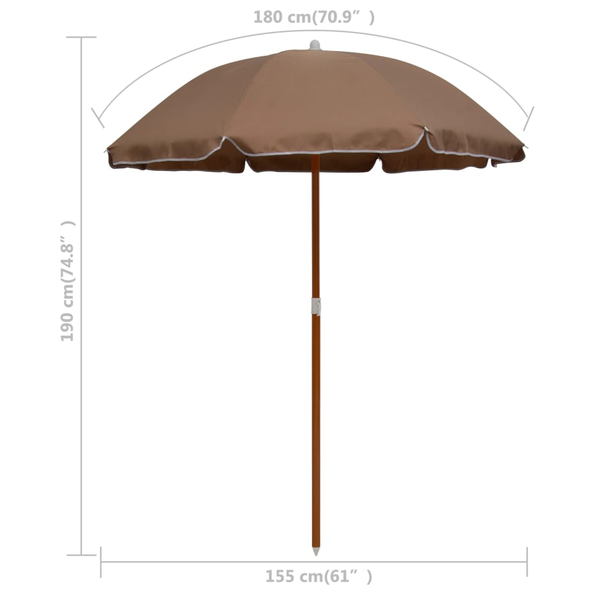 Ein brauner Sonnenschirm mit Holzständer, 180 cm breit, 190 cm hoch.