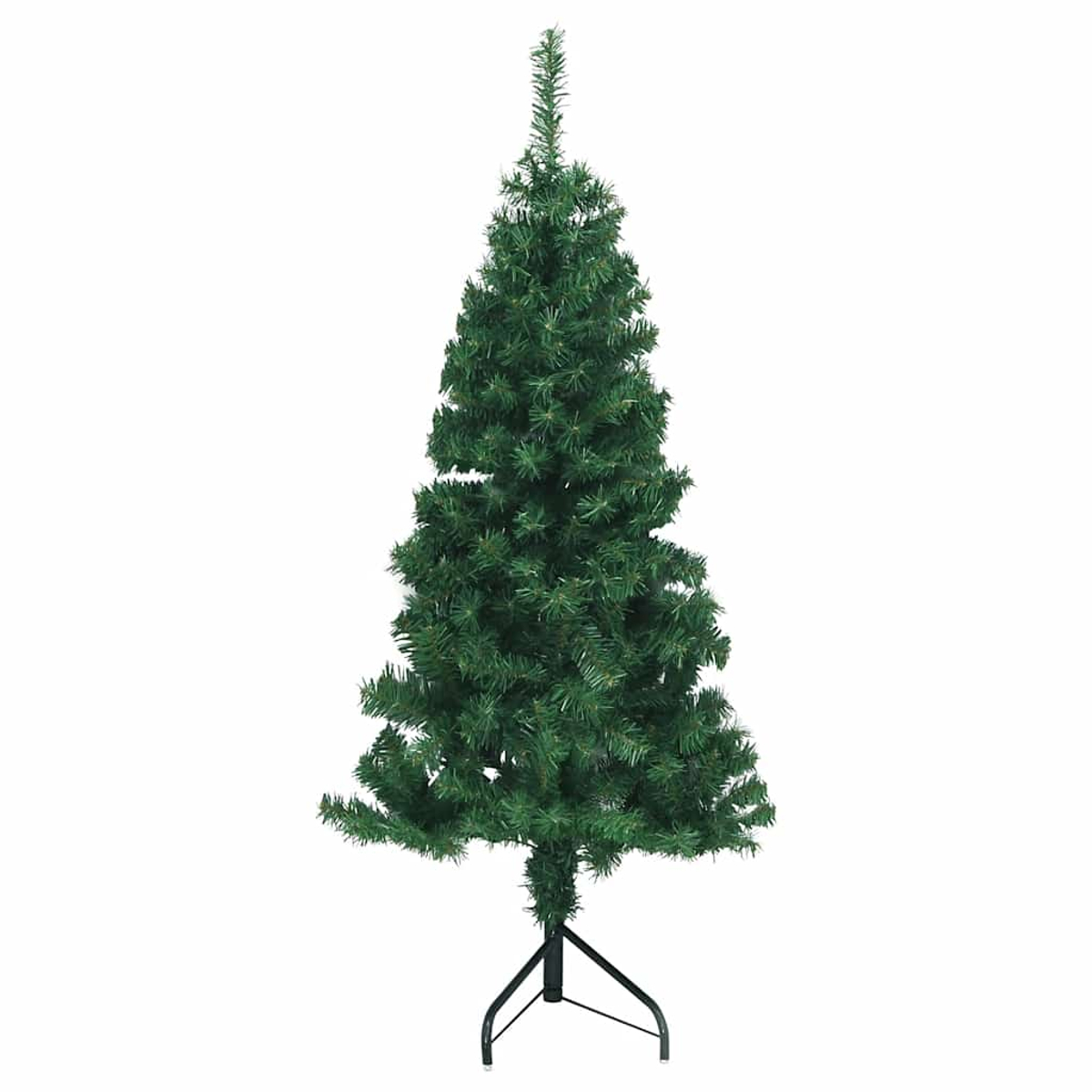 Ein grüner Weihnachtsbaum mit schwarzem Ständer auf weißem Hintergrund.