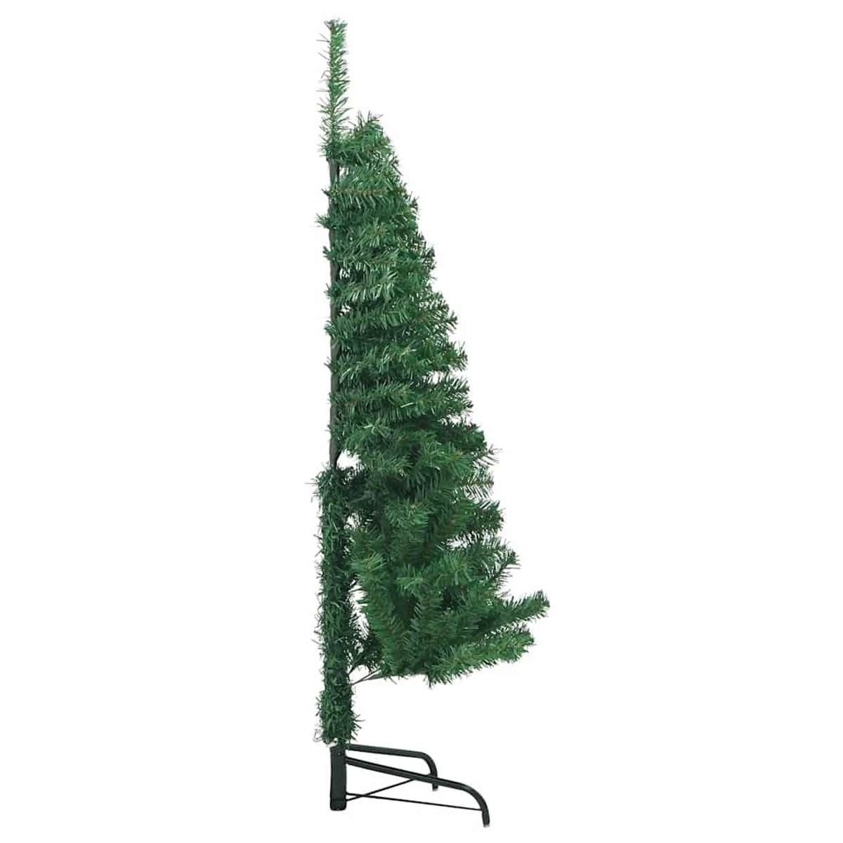 Ein halber künstlicher Weihnachtsbaum auf einem schwarzen Ständer, weißer Hintergrund.