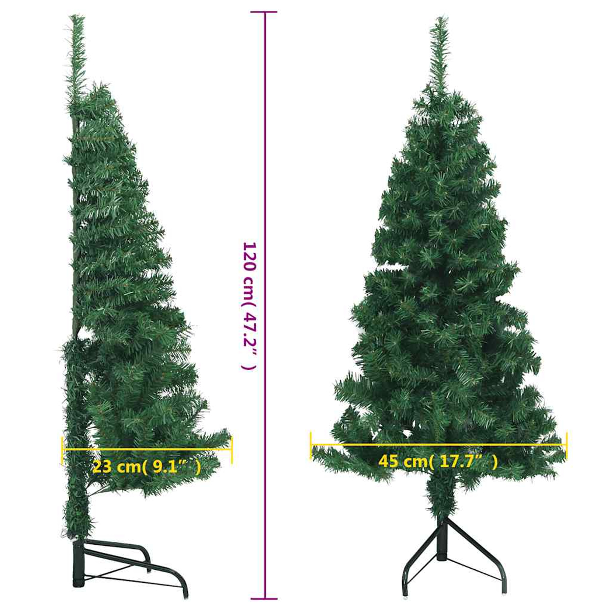 Zwei künstliche Weihnachtsbäume mit Maßen, einer schmal und 120 cm hoch, der andere breiter.