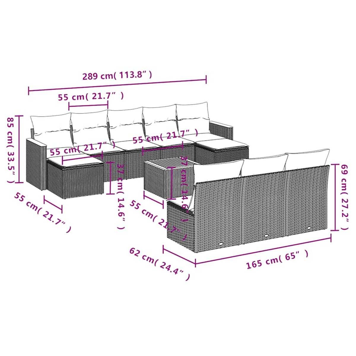Geflecht-Lounge-Set mit weißen Kissen, Maße sind angegeben.