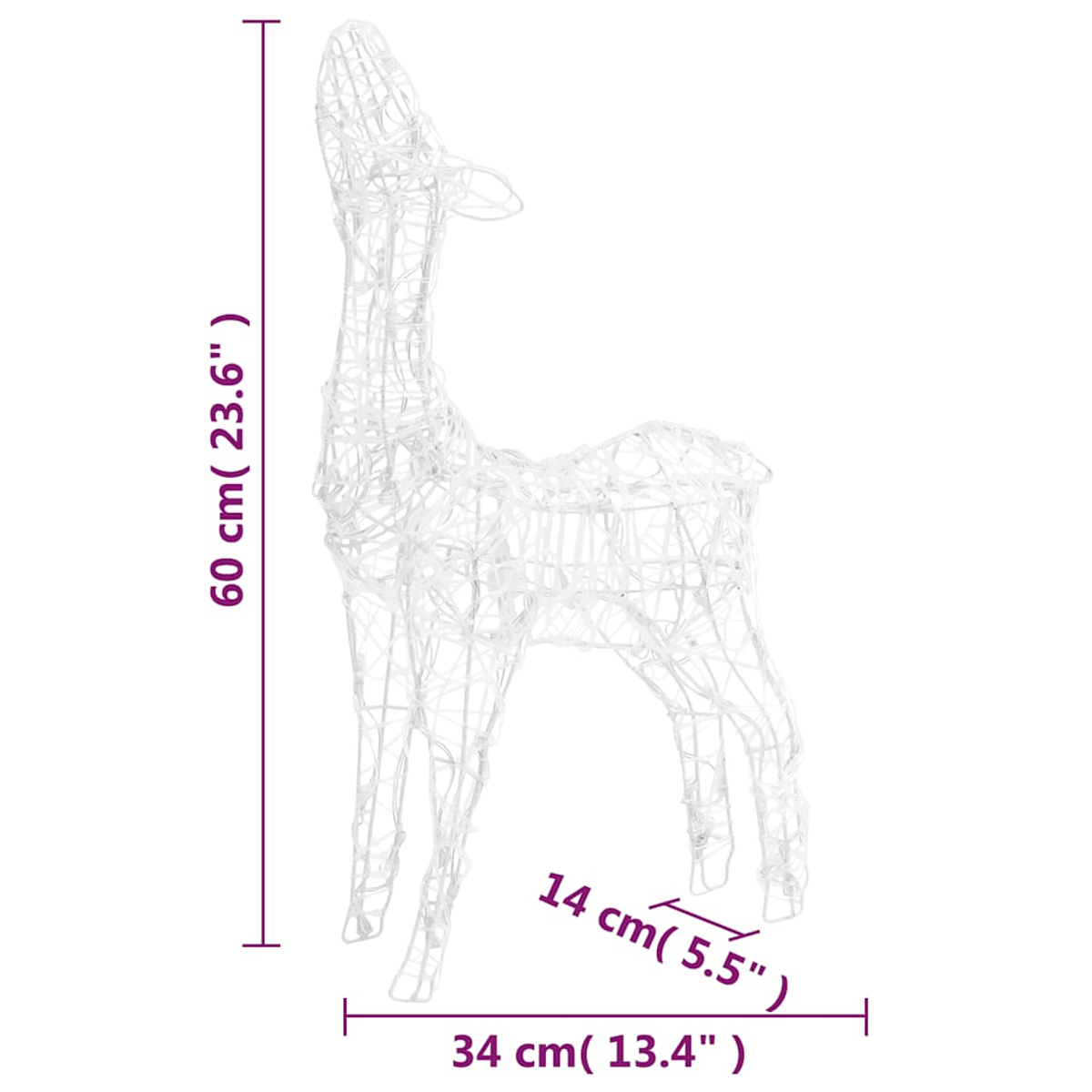 Weiße Draht-Rentierfigur, 60cm hoch, 34cm breit, 14cm tief.