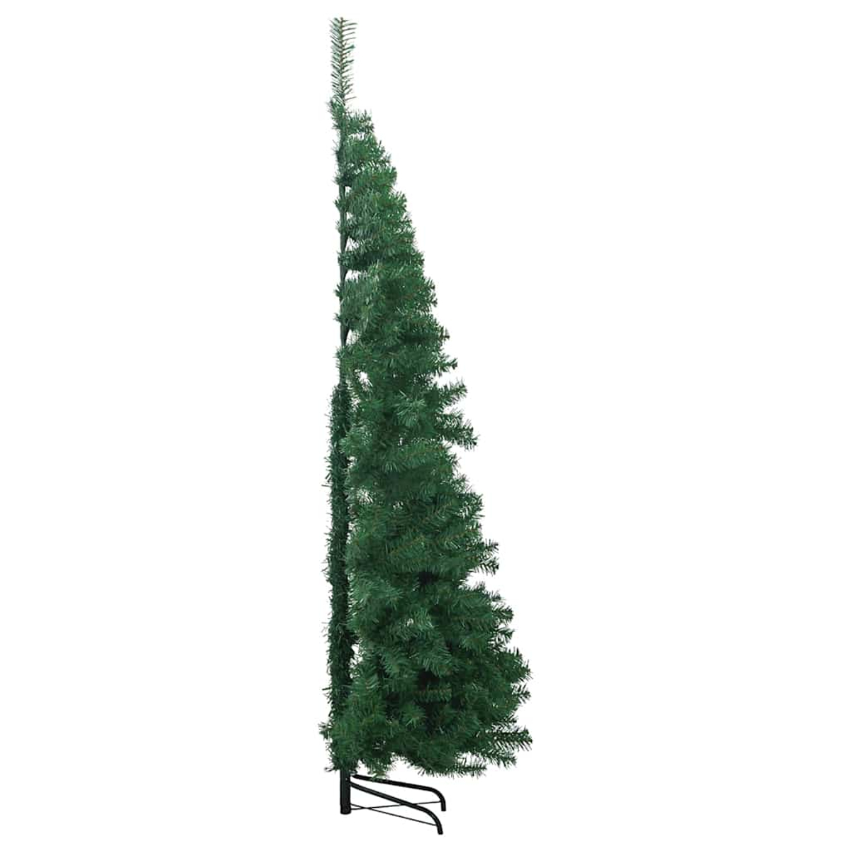 Ein grüner, künstlicher Weihnachtsbaum auf einem schwarzen Ständer, weißer Hintergrund.