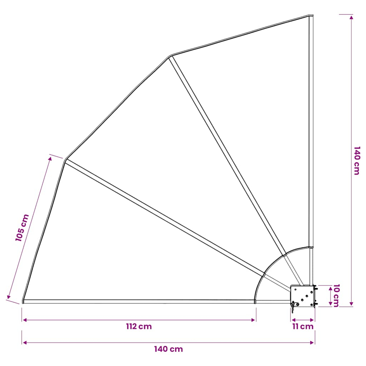 Technische Zeichnung eines winkelförmigen Rahmens mit Maßen wie 105 cm, 112 cm, 140 cm.