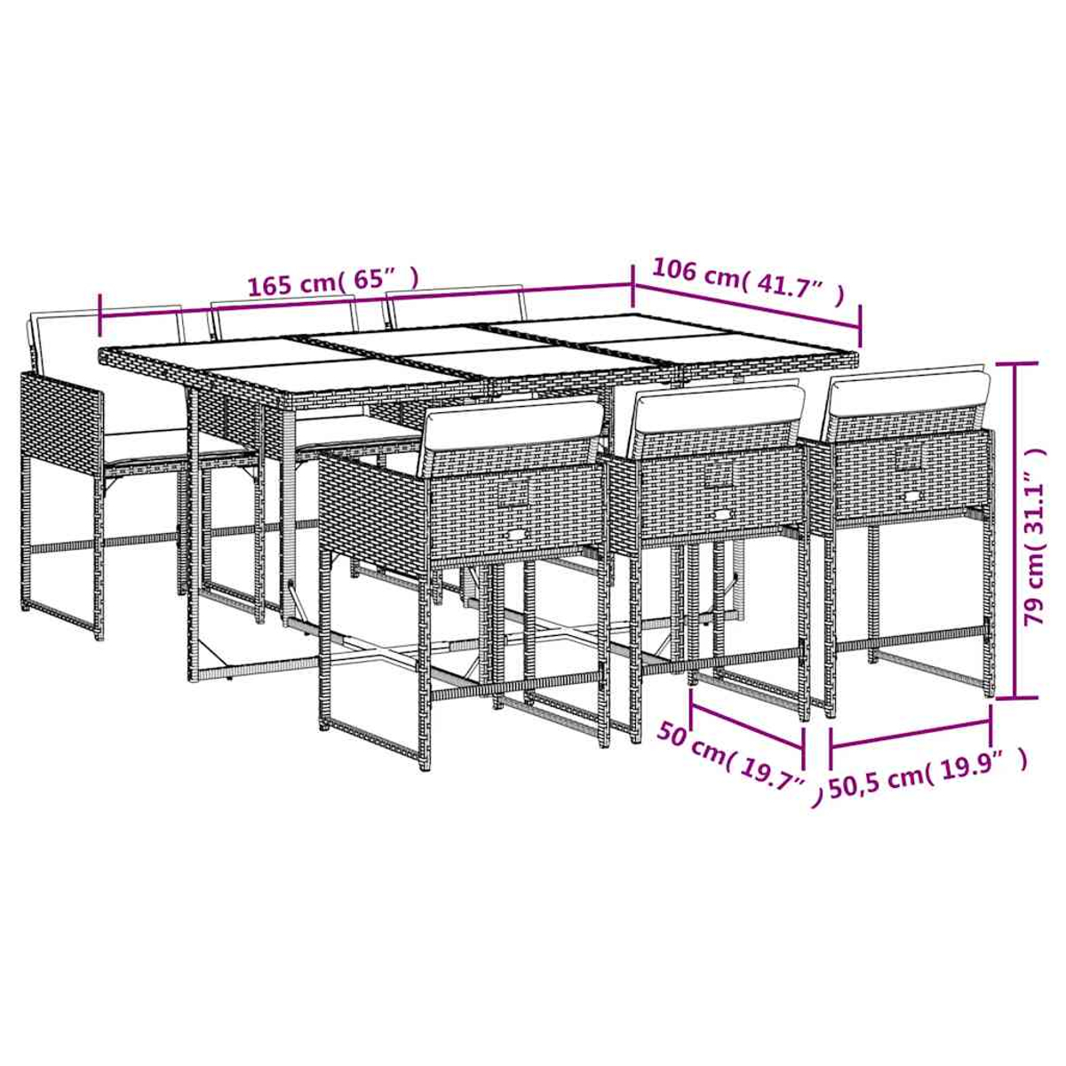 Un set da tavolo da pranzo in rattan con 8 sedie, con dimensioni in cm e pollici.