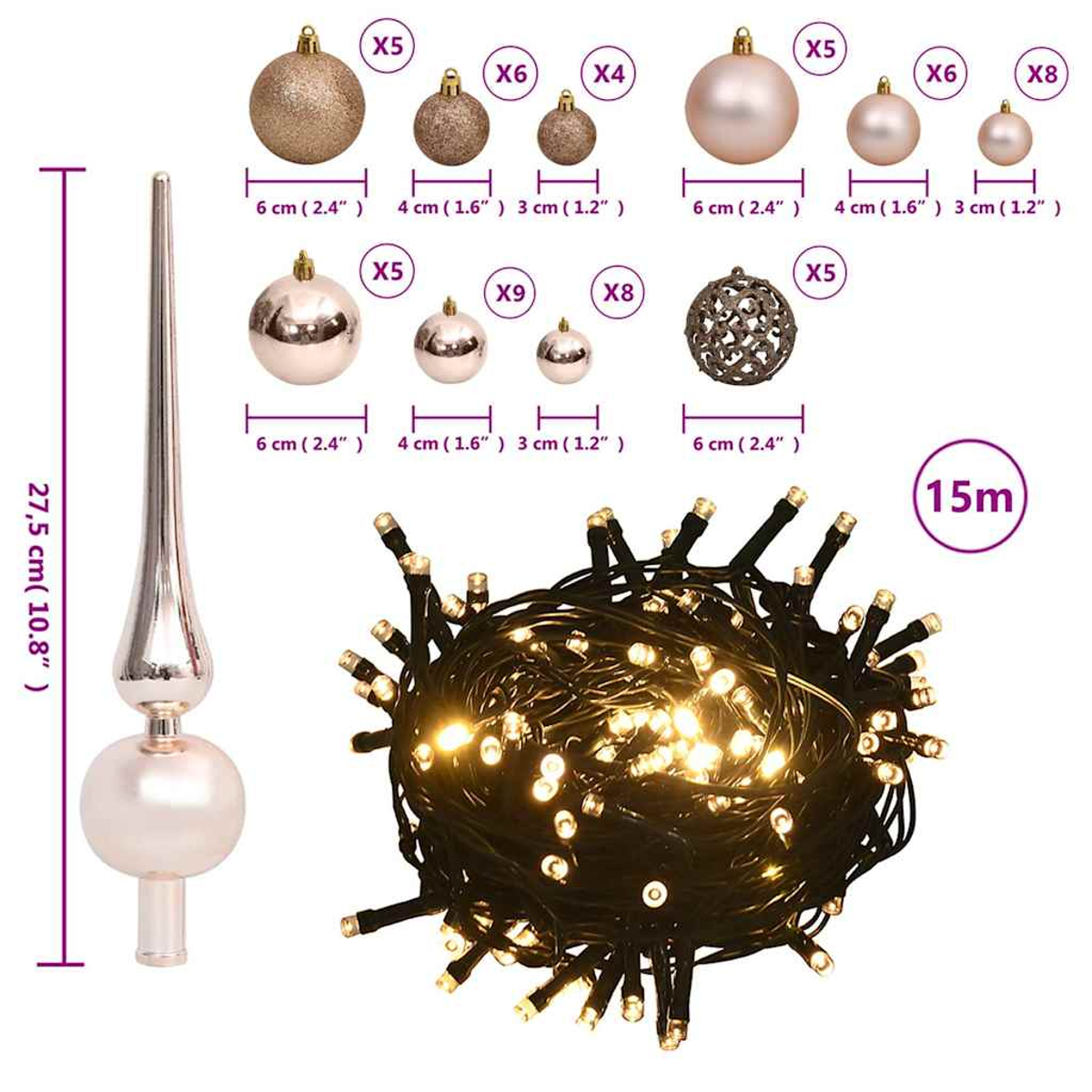 Weihnachtsbaumschmuck: Baumspitze, Kugeln und Lichterkette.