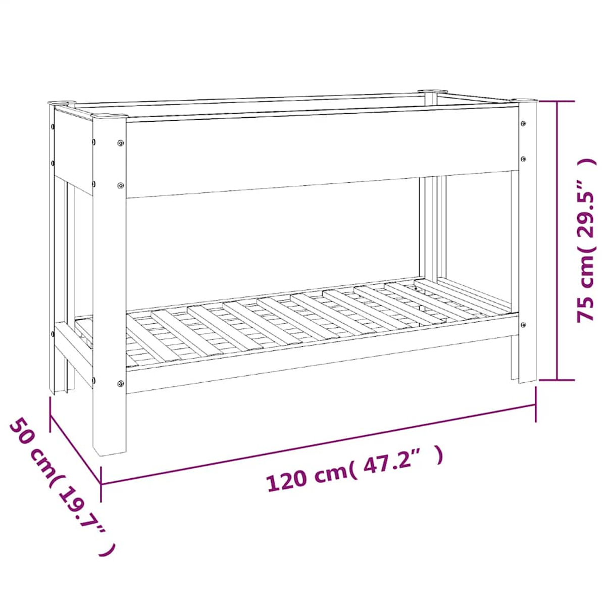 Eine h ölzerne Kinderbett-Skizze mit Maßen: 120cm lang, 50cm breit, 75cm hoch.