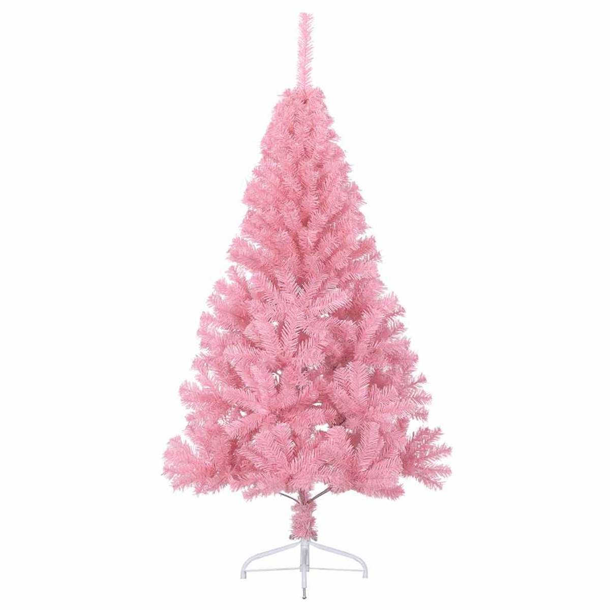 Ein rosa Weihnachtsbaum mit weißem Ständer vor weißem Hintergrund.