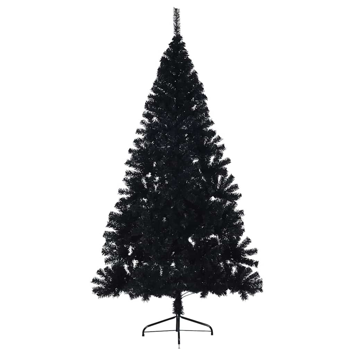 Ein voller schwarzer Weihnachtsbaum mit einem Metallständer, isoliert auf weißem Hintergrund.