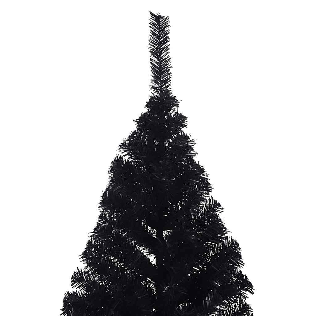 Oberer Teil eines schwarzen Weihnachtsbaums mit weißen Hintergrund.