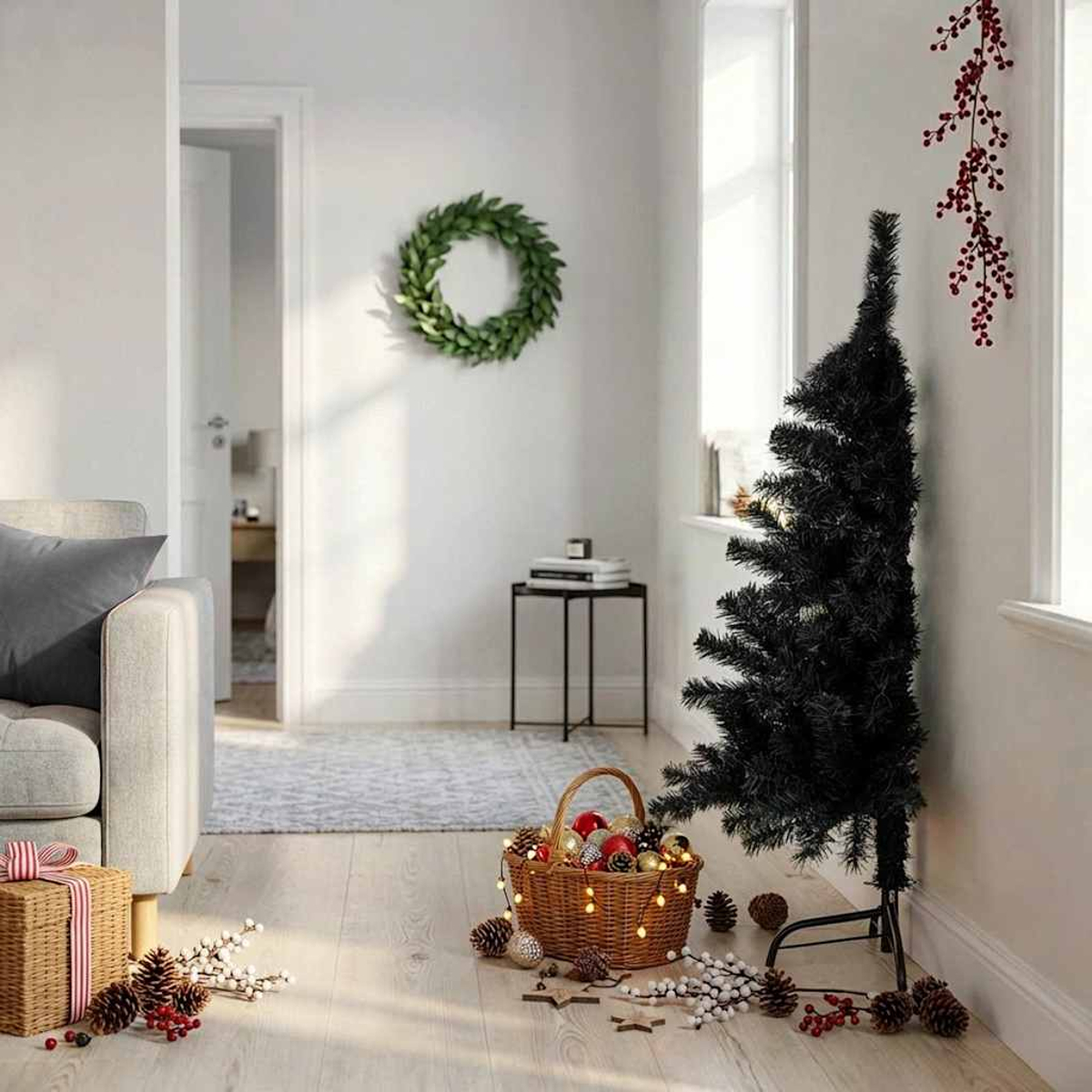 Ein schwarzer Weihnachtsbaum und ein Korb mit Ornamenten stehen auf Holzboden, Kranz an Wand.