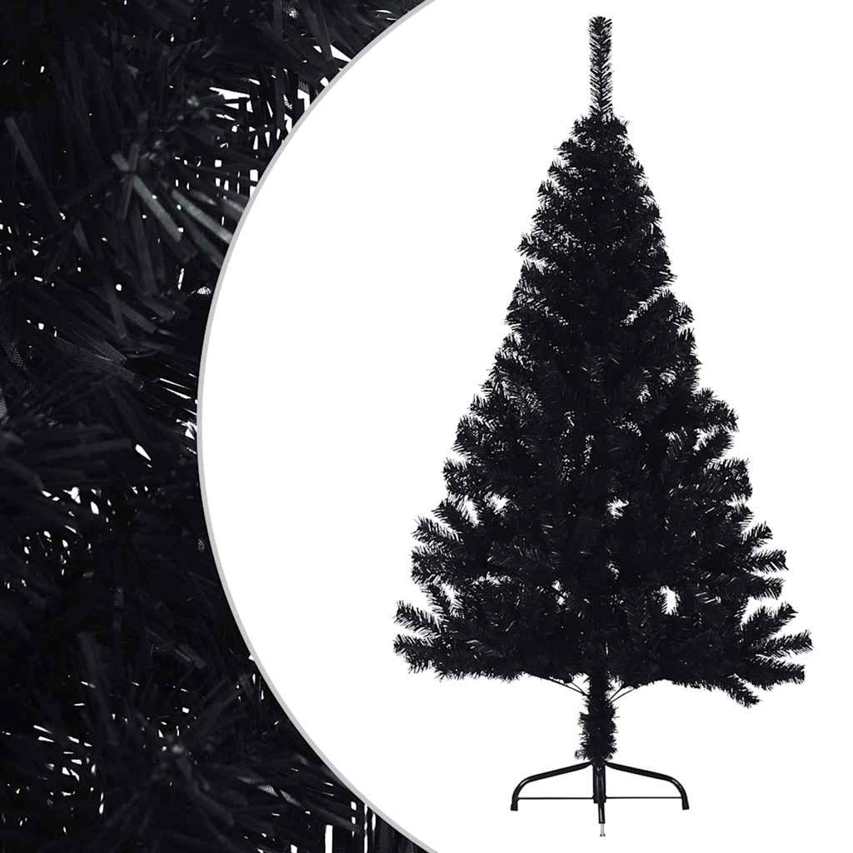 Schwarzer Weihnachtsbaum mit Ständer, auf weißem Hintergrund.