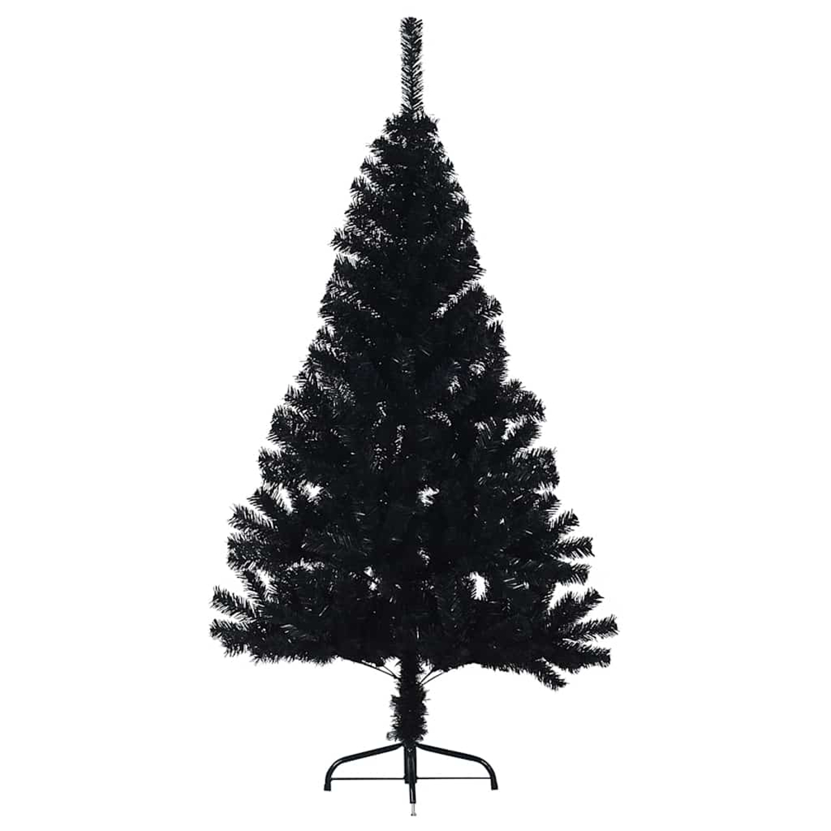 Ein schwarzer Weihnachtsbaum mit einem Metallständer vor weißem Hintergrund.