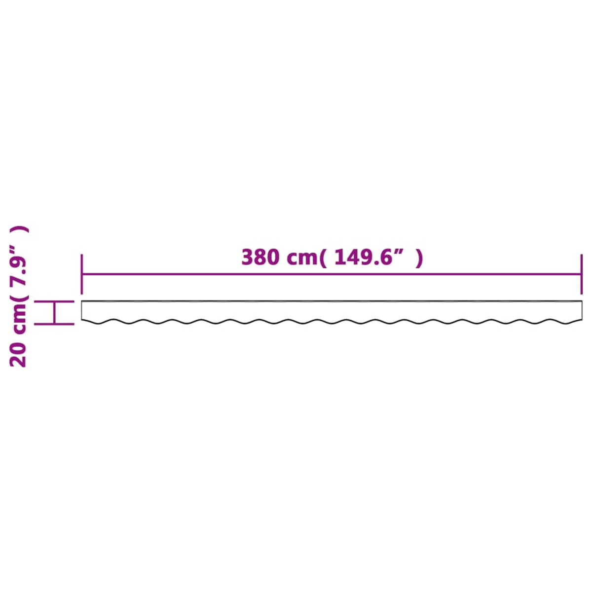 Eine lange, weiße, gezackte Kante mit Maßen von 380 cm und 20 cm.