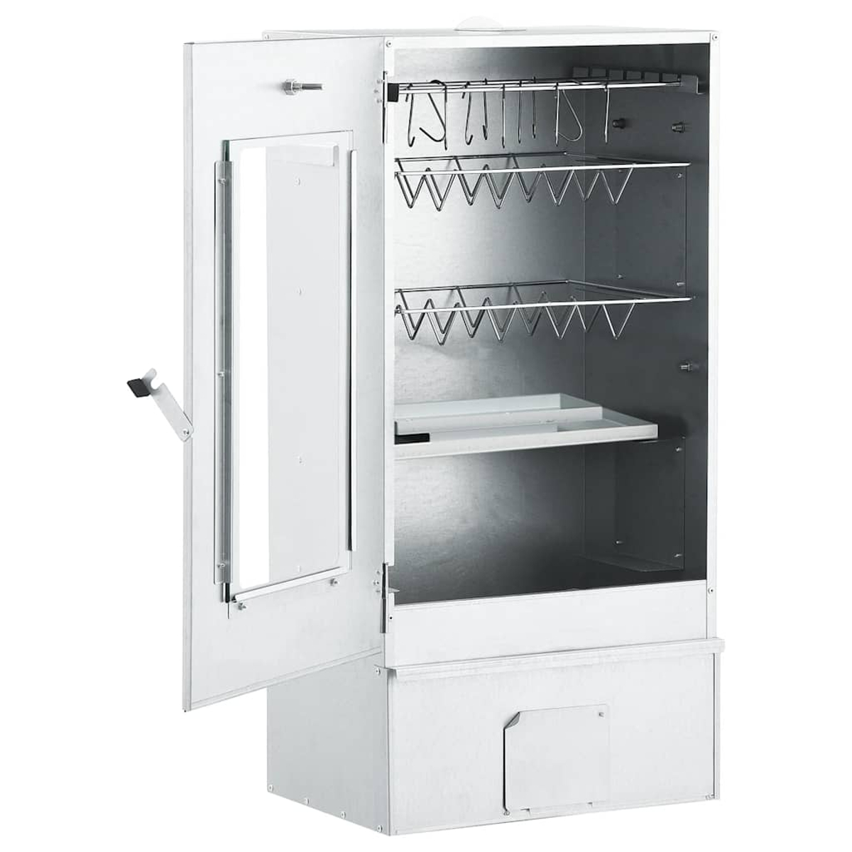 Affumicatore argentato aperto con ganci e rastrelliere all'interno.