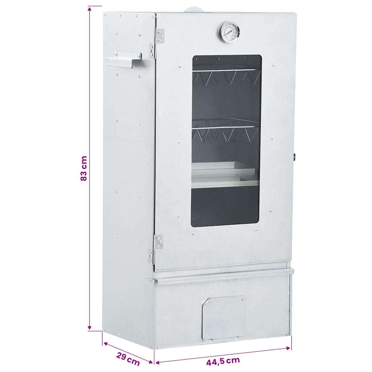 Affumicatore argento con porta in vetro, termometro, tre griglie, dimensioni 83x44,5x29cm.