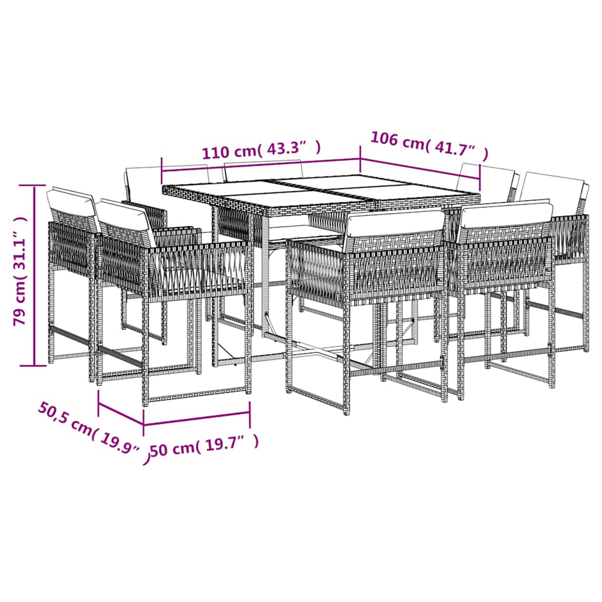 Un conjunto de muebles de jardín con mesa y seis taburetes, se indican las medidas.