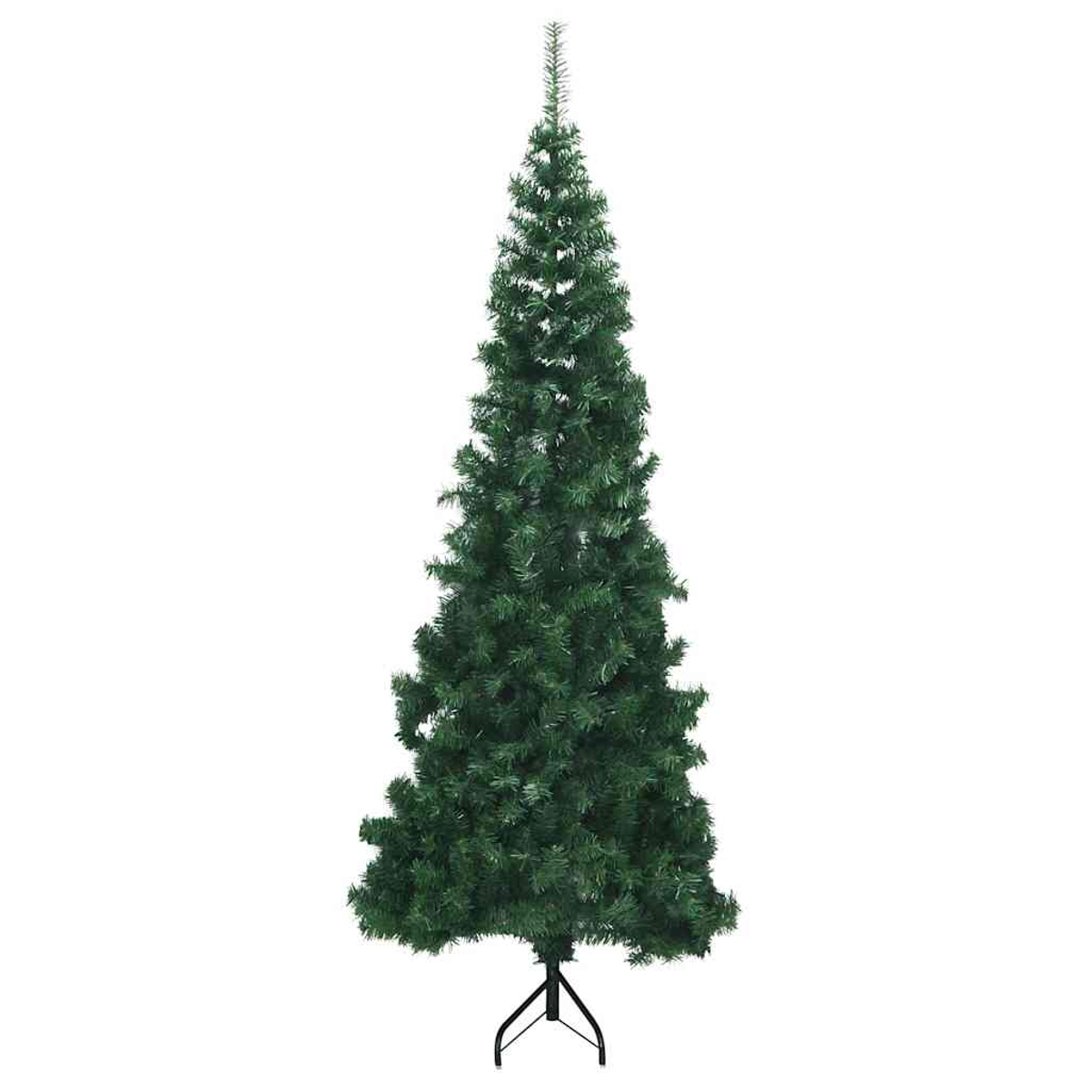 Ein hoher, grüner künstlicher Weihnachtsbaum mit einem Metallständer.